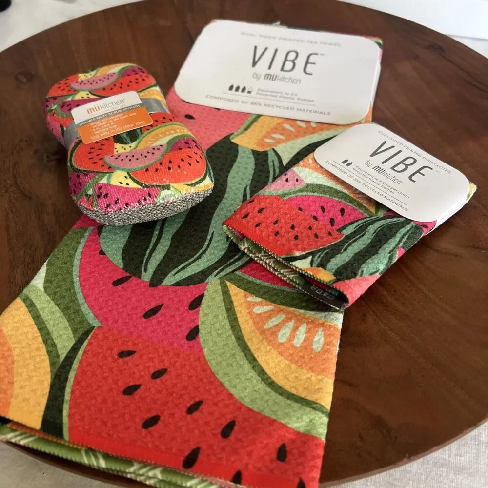 Vibe By MUkitchen Tea Towel Cloths Scrub Watermelon Recycled Material New